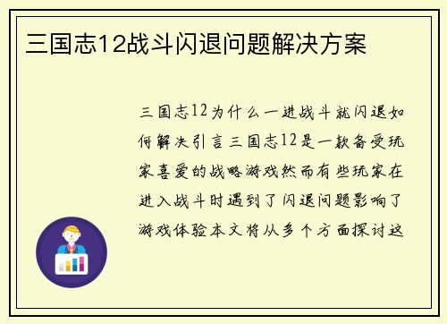 三国志12战斗闪退问题解决方案 三国志12战斗闪退问题解决方案